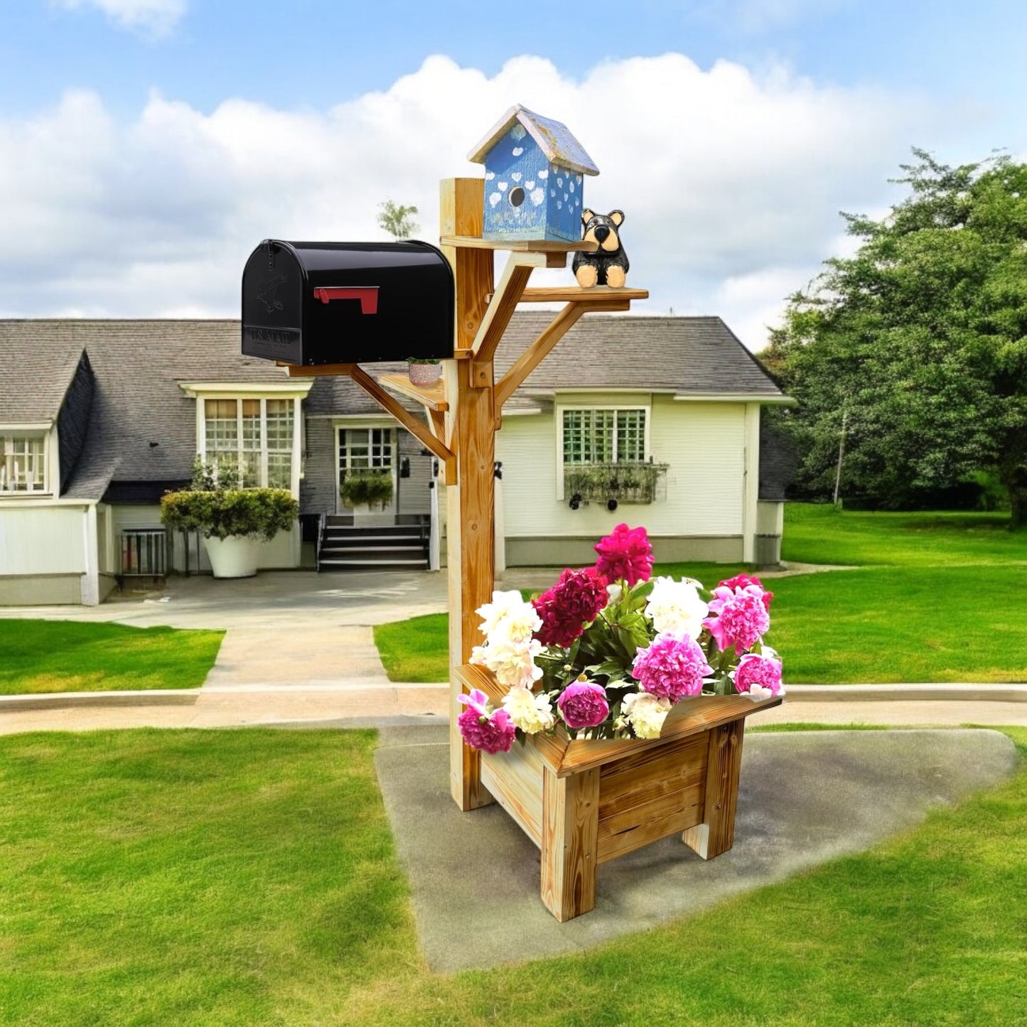 Rustic Wooden Planter Box with Mailbox & Birdhouse Display Stand – Handmade Outdoor Garden Flower Pot Stand (Decor Not Included)