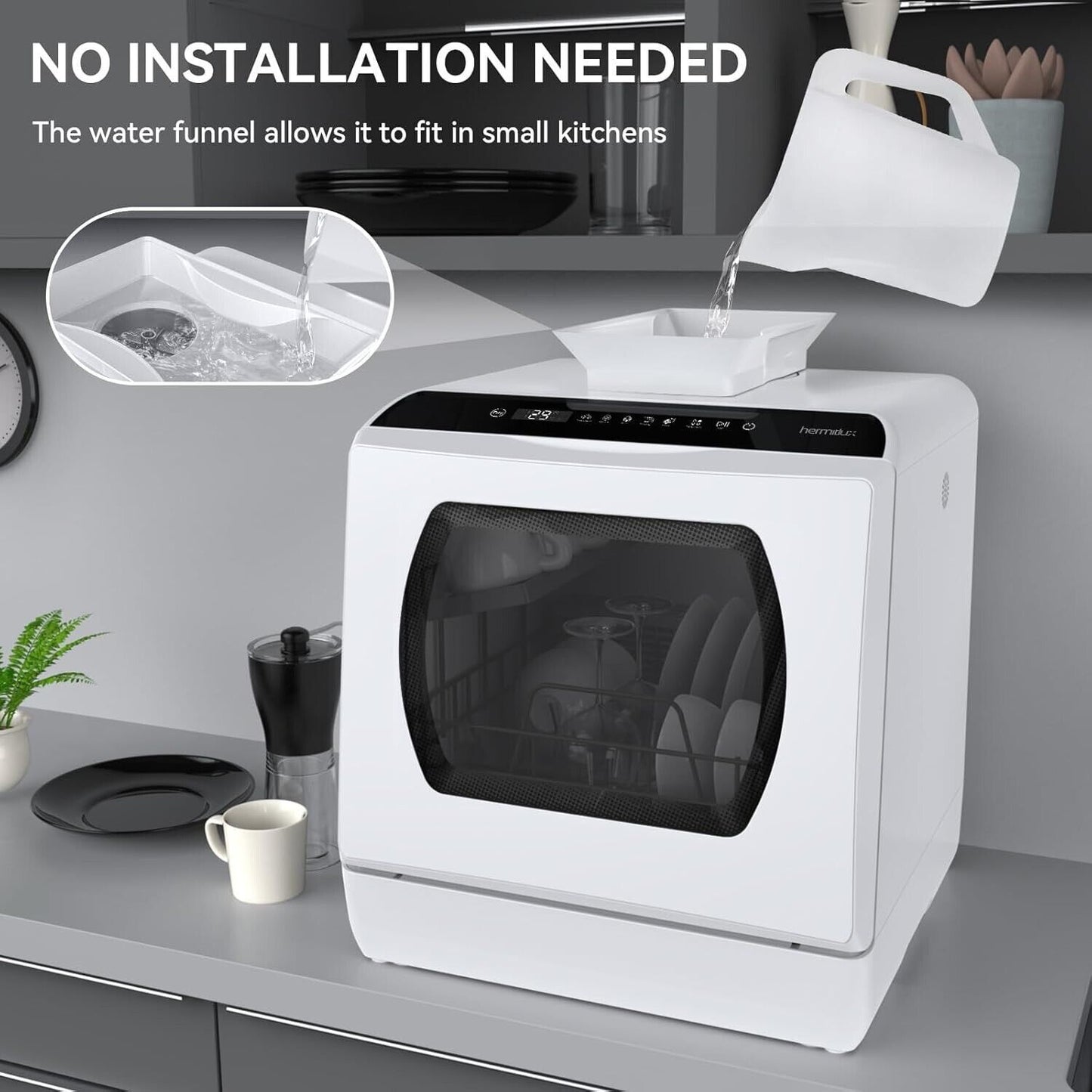 Hermitlux Countertop Dishwasher, 5 Washing Programs Portable Dishwasher