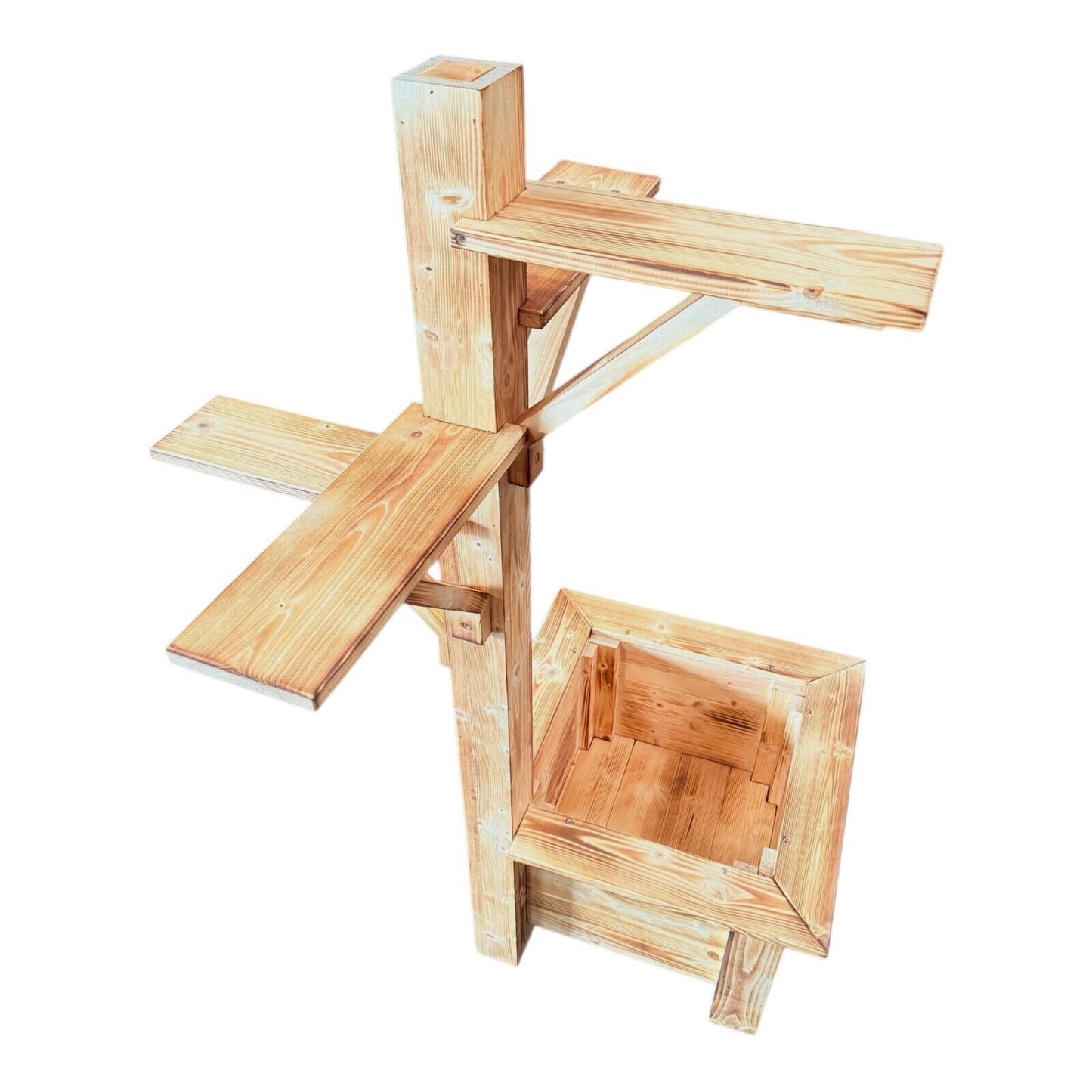Rustic Wooden Planter Box with Mailbox & Birdhouse Display Stand – Handmade Outdoor Garden Flower Pot Stand (Decor Not Included)