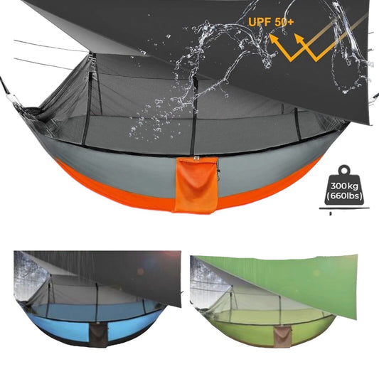 Hamaca doble de 3 colores, carga de 660 libras con mosca para la lluvia y red para insectos, portátil