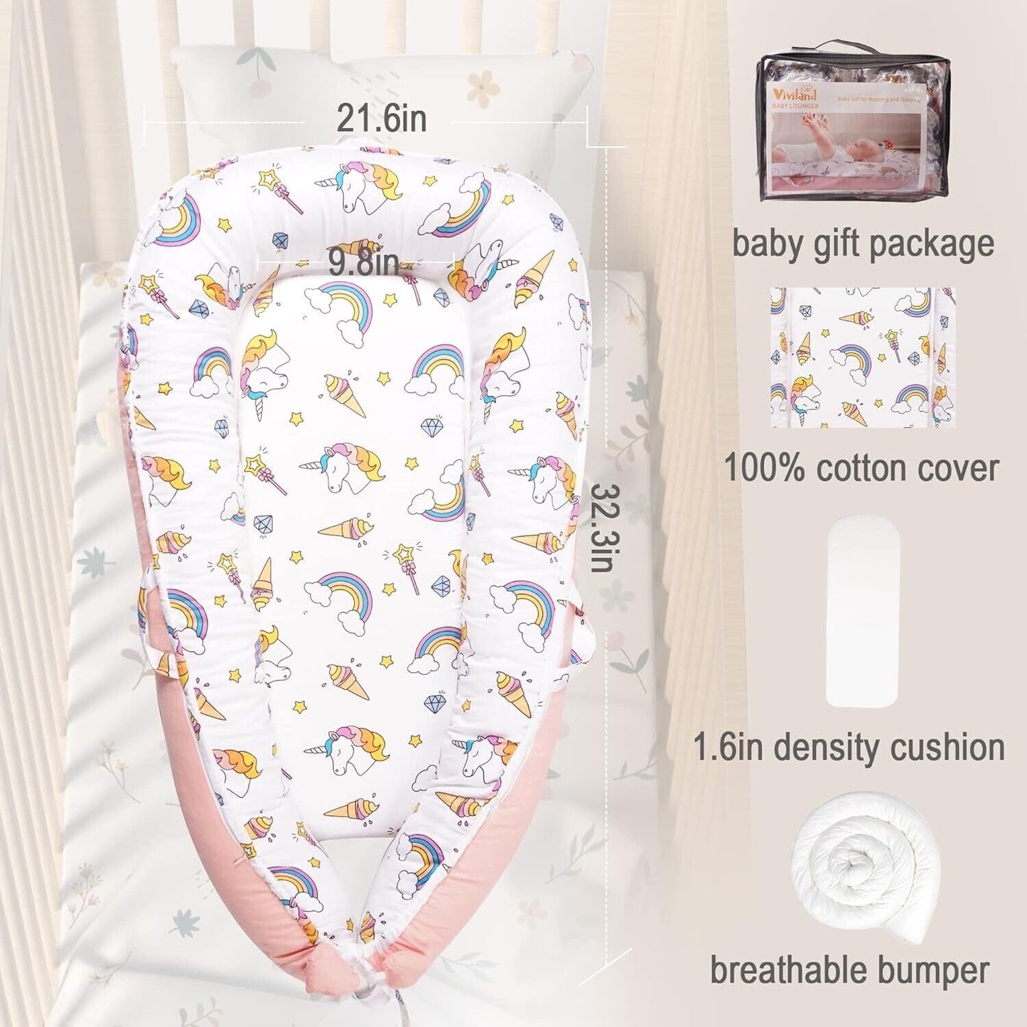 Baby Lounger for Newborn, Soft Breathable Lounger Cover Fits 0-24 Months
