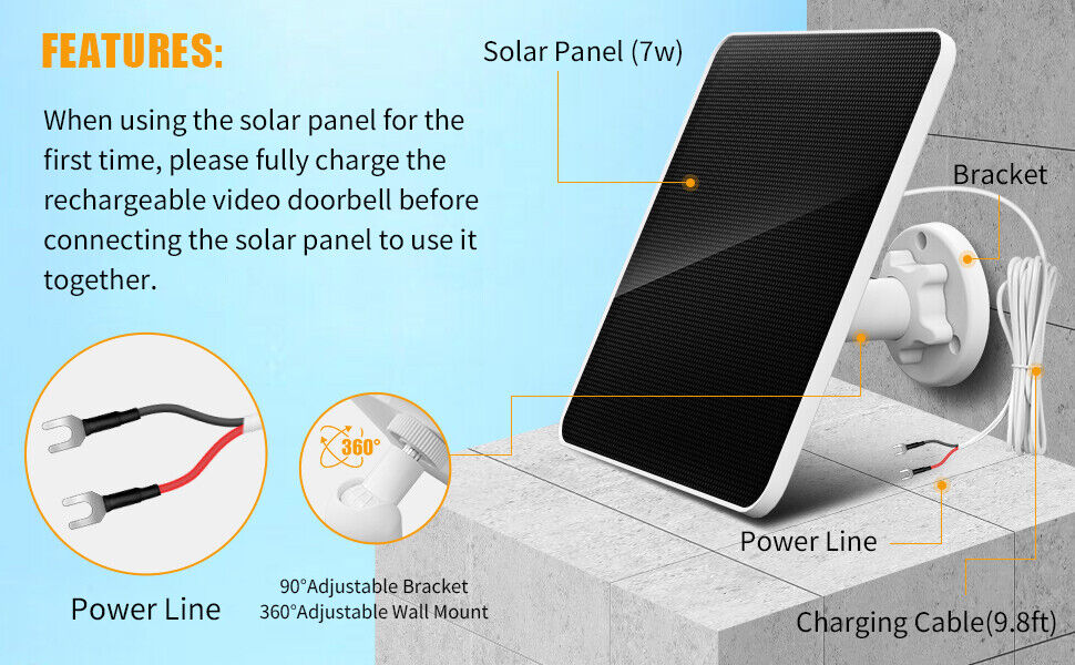 Solar Panel -10ft cable. 7W 5V Solar Panel for Ring Video Doorbell 3/3+/4. ETC.
