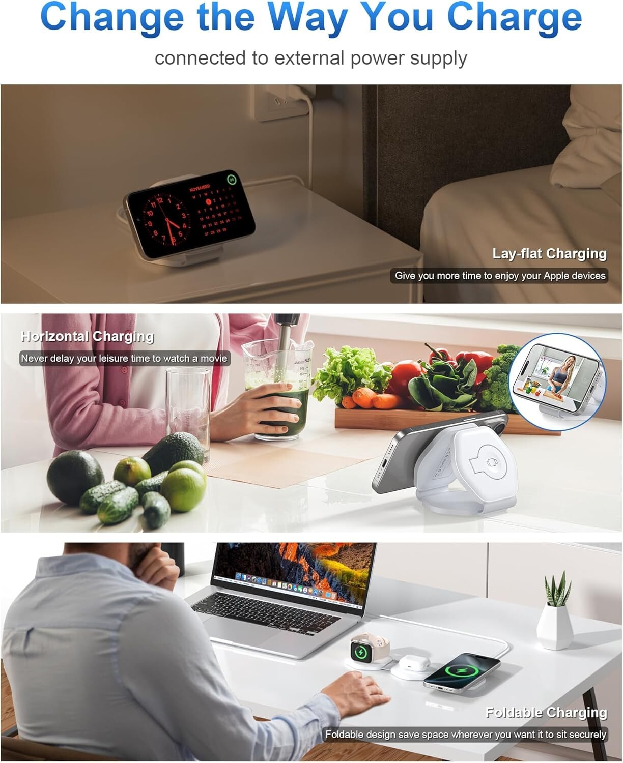 3 in 1 Wireless Charging Station for Apple Multiple Devices, Foldable Magnetic