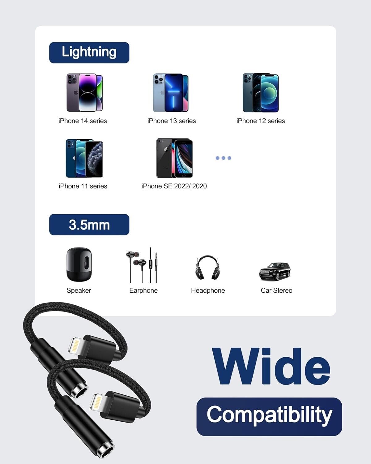 2 Pcs Lightnin to 3.5mm Aux Adapter for iPhone Headphones Jack Adapter