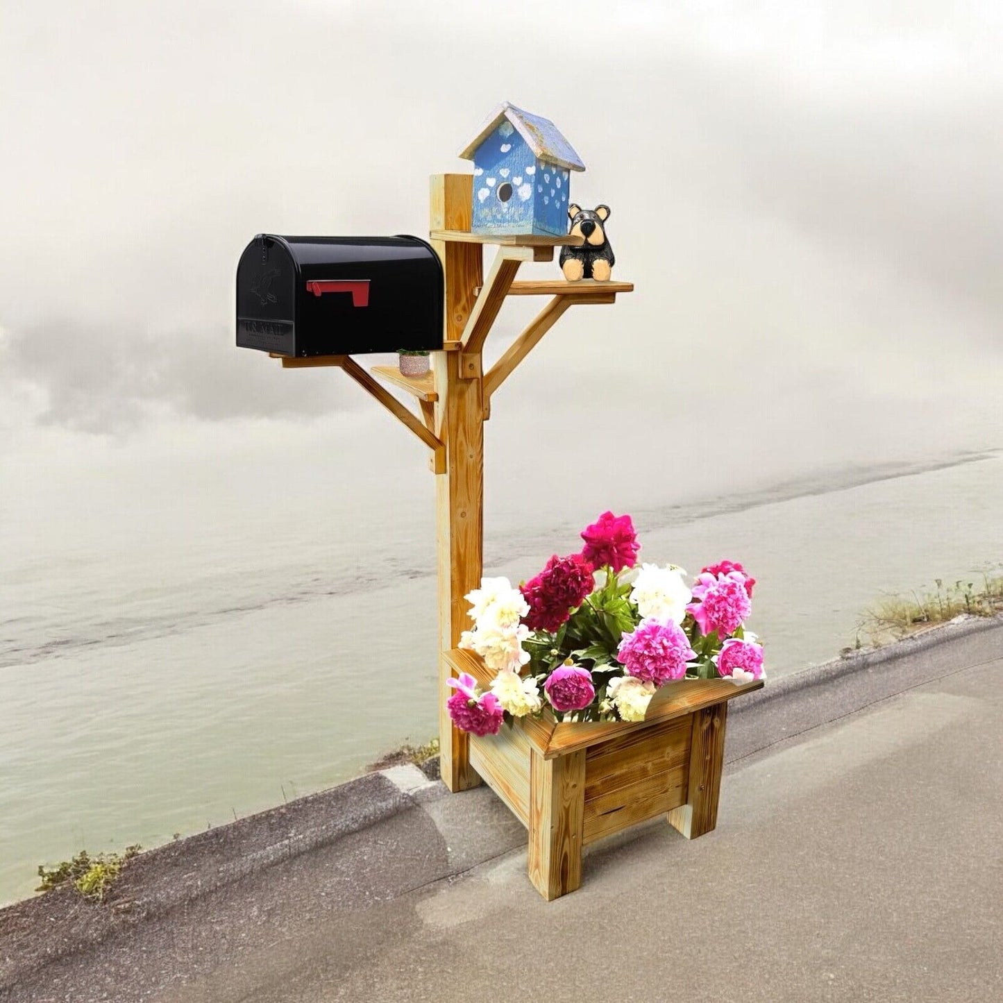 Rustic Wooden Planter Box with Mailbox & Birdhouse Display Stand – Handmade Outdoor Garden Flower Pot Stand (Decor Not Included)