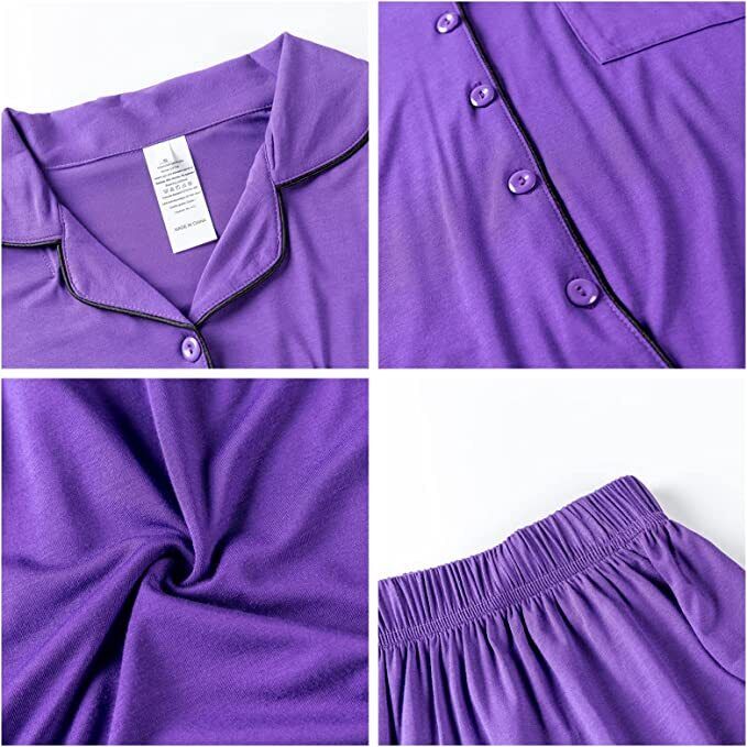 Size-L-Women's Pajamas Set, Short Sleeve Sleepwear Button-Down Nightwear Soft