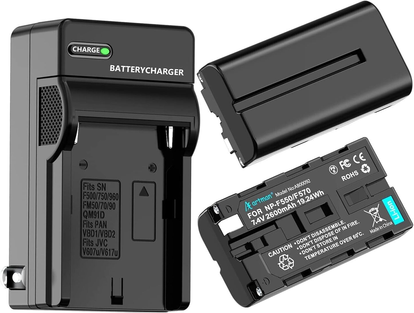 NP-F550 Battery 2-Pack + Wall Charger for Sony 2600mAh