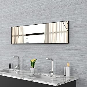 Over The Door Mirror, 47" x 12" Black Full Length Mirror for Door, 2 Hooks, Aluminum Frame, Door Hanging or Wall Mounted for Bedroom Bathroom Checkroom