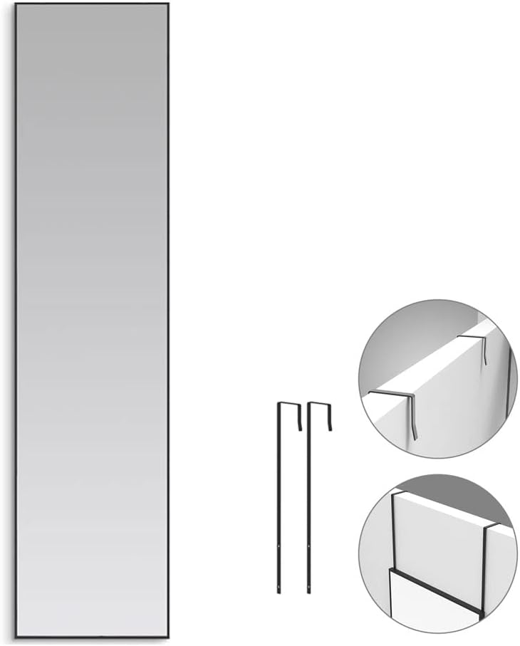 Over The Door Mirror, 47" x 12" Black Full Length Mirror for Door, 2 Hooks, Aluminum Frame, Door Hanging or Wall Mounted for Bedroom Bathroom Checkroom