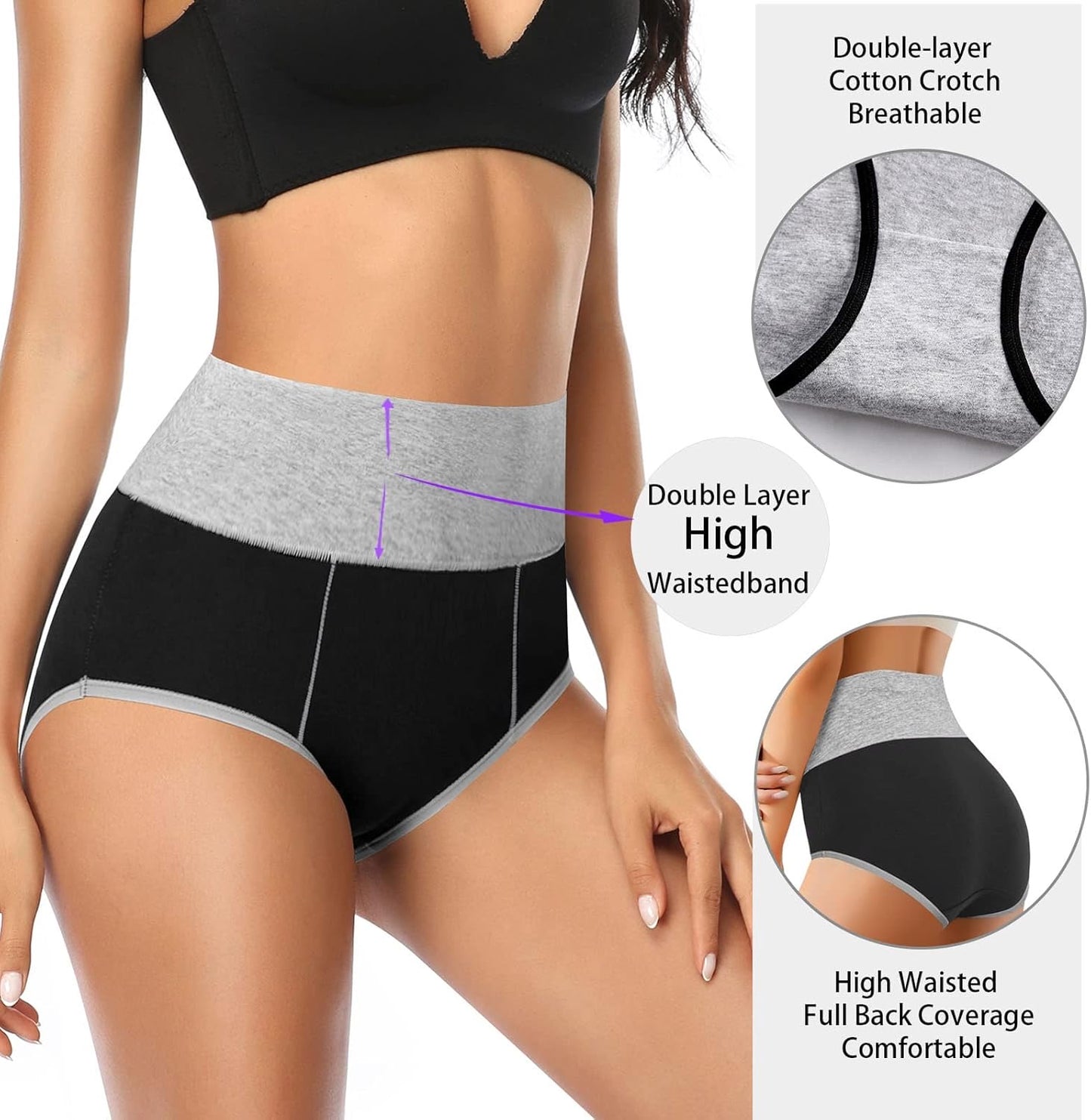 Size-L. 4pcs-Women's Cotton Underwear High Waisted Plus Size Soft Panties Full Coverage Tummy Control Ladies Briefs