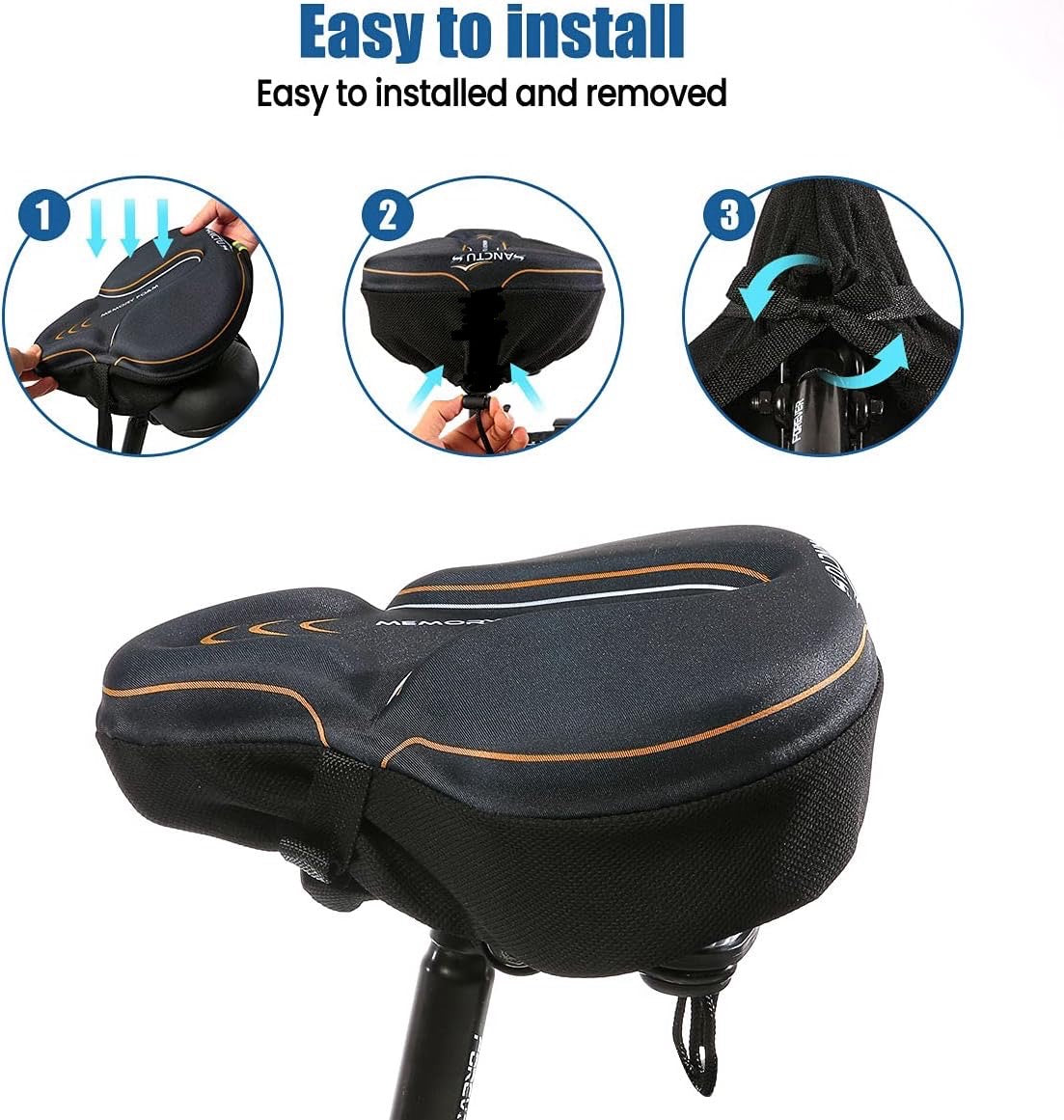 Bike Seat Cushion Cover Memory Foam, Large Wide Bicycle Saddle Soft for Men Women, Comfort Exercise Cycle Seats Cover Padded Fits Stationary Bikes, Cruiser, Spin, with Waterproof Cover