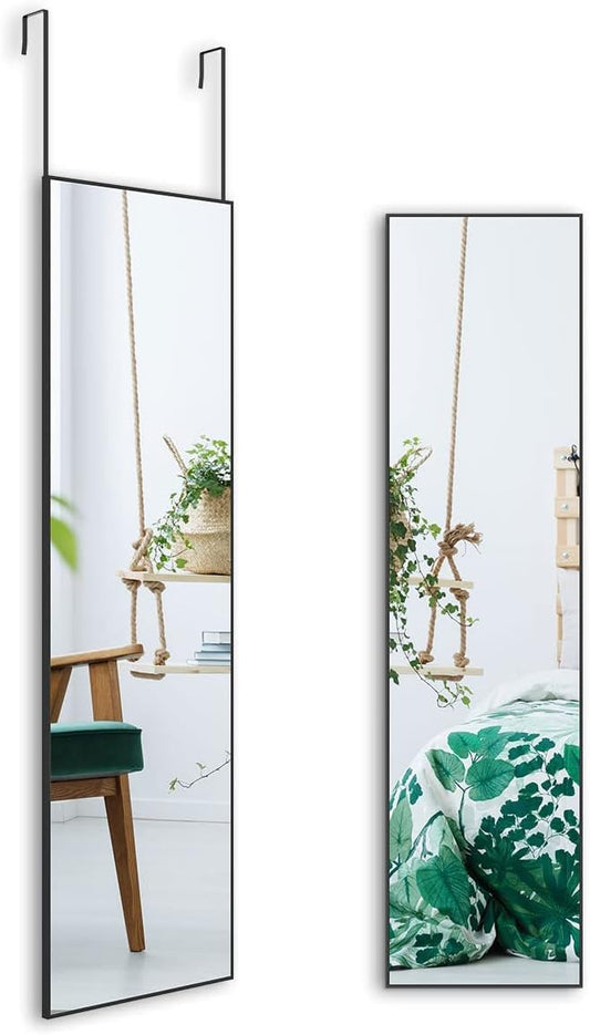 Over The Door Mirror, 47" x 12" Black Full Length Mirror for Door, 2 Hooks, Aluminum Frame, Door Hanging or Wall Mounted for Bedroom Bathroom Checkroom