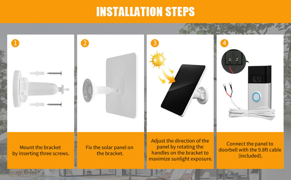 Solar Panel -10ft cable. 7W 5V Solar Panel for Ring Video Doorbell 3/3+/4. ETC.