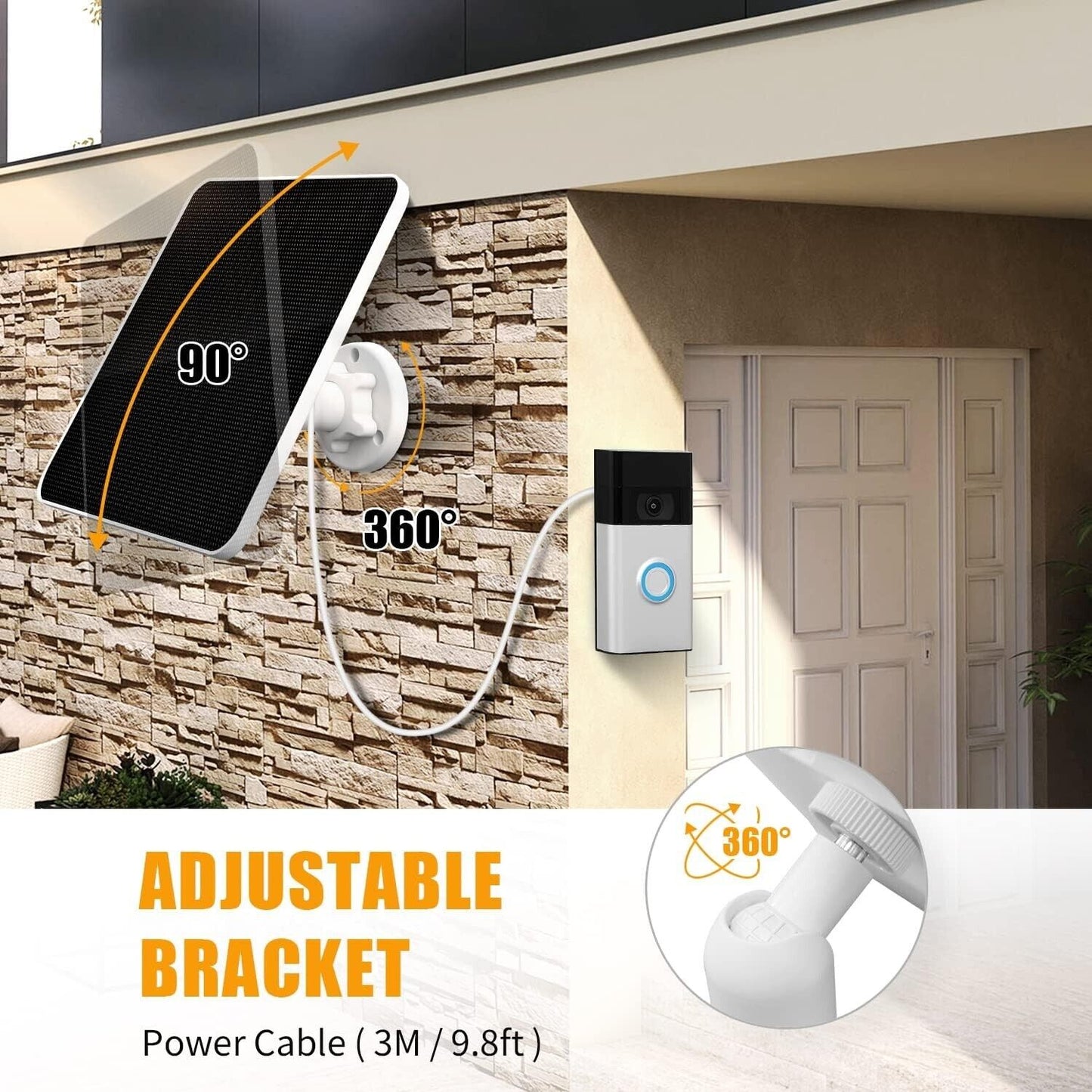 Solar Panel -10ft cable. 7W 5V Solar Panel for Ring Video Doorbell 3/3+/4. ETC.