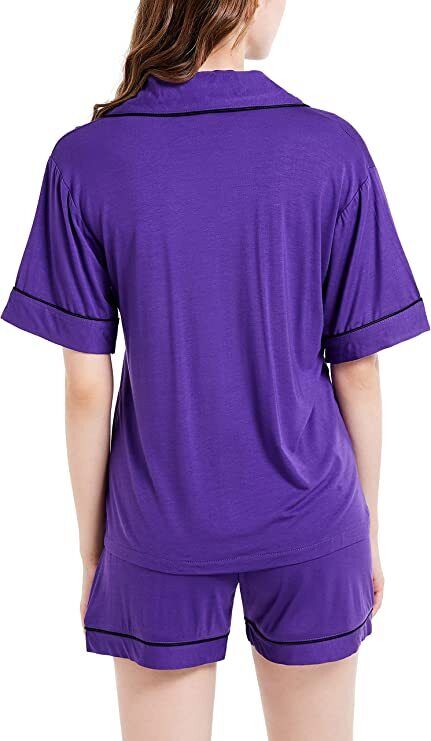 Size-L-Women's Pajamas Set, Short Sleeve Sleepwear Button-Down Nightwear Soft