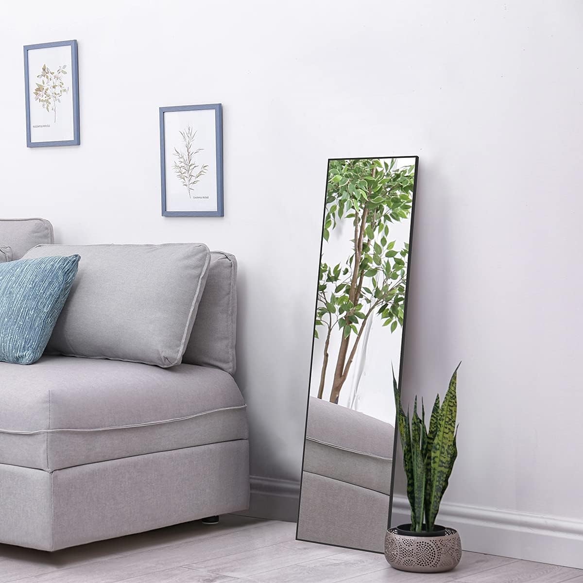 Over The Door Mirror, 47" x 12" Black Full Length Mirror for Door, 2 Hooks, Aluminum Frame, Door Hanging or Wall Mounted for Bedroom Bathroom Checkroom
