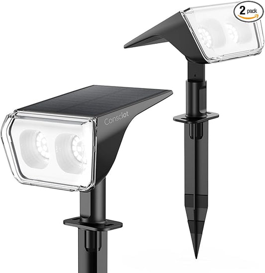 2 Pack-Consciot Solar Spot Lights Outdoor Waterproof, 24 LED Dusk-to-Dawn Solar Outdoor Lights, 2 in 1 Adjustable Wall Lights, Daylight Solar Landscape Spotlights for Garden Yard Wall Walkway,