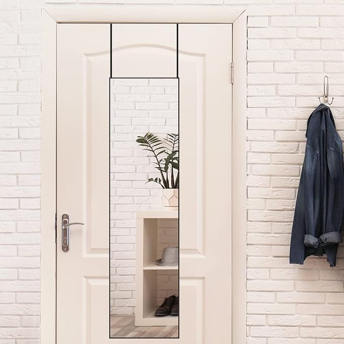 Over The Door Mirror, 47" x 12" Black Full Length Mirror for Door, 2 Hooks, Aluminum Frame, Door Hanging or Wall Mounted for Bedroom Bathroom Checkroom
