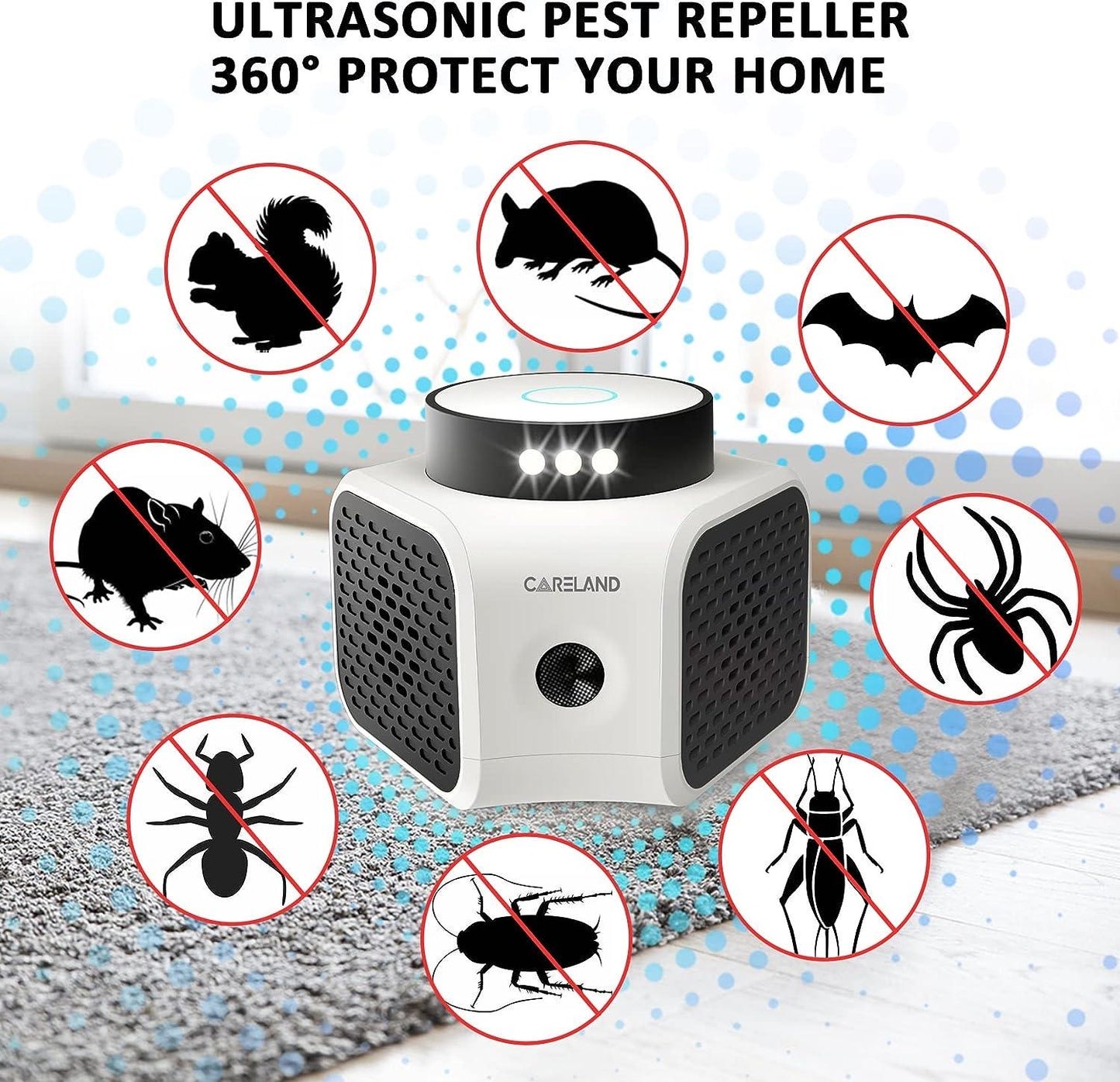 Careland Ultrasonic Pest Repeller Squirrel Repellent, 4 in 1 Rodent Repellent Plug-in Mouse Deterrent Emits Ultrasound Waves and LED Strobe Lights Indoor Use