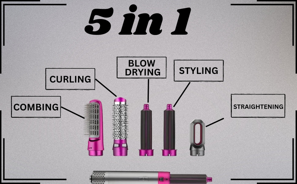 5-in-1 Volumizing Hair Styler - Blow Dryer Brush with Detachable Head for Straightening, Curling, Drying, Combing & Styling