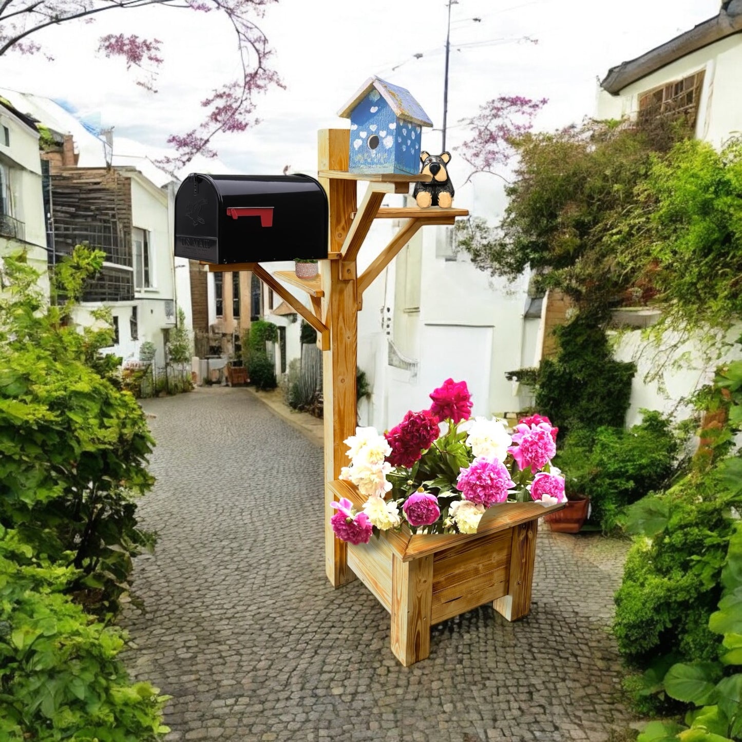 Rustic Wooden Planter Box with Mailbox & Birdhouse Display Stand – Handmade Outdoor Garden Flower Pot Stand (Decor Not Included)
