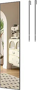 Over The Door Mirror, 47" x 12" Black Full Length Mirror for Door, 2 Hooks, Aluminum Frame, Door Hanging or Wall Mounted for Bedroom Bathroom Checkroom