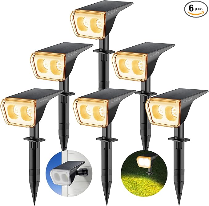 6 pack-Consciot Solar Spot Lights Outdoor Waterproof, 24 LED Dusk-to-Dawn Solar Spotlight, 2 in 1 Adjustable Wall Lights, Warm White Solar Landscape Spotlights for Garden Yard Wall Walkway, 6 Pack