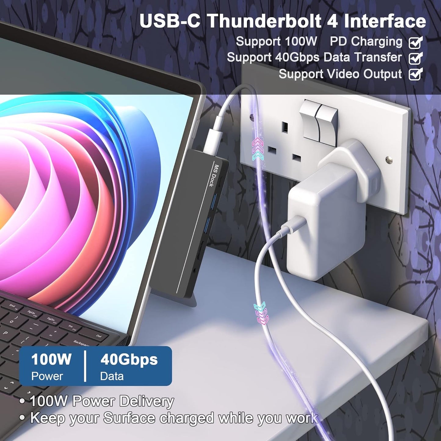 Surface Pro 9 Accessories, Surface Pro 8 Hub with 4K HDMI, 100W USB C Thunderbolt 4 (Display+40Gbps+PD), USB C, Audio, 2* USB A 3.0, TF/SD Card, Triple Display for Microsoft Surface Pro 9/8/X