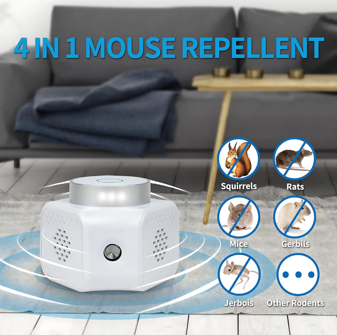 Ultrasonic Pest Repeller Squirrel Repellent, 4 in 1 Rodent Repellent Plug-in Mouse Deterrent Emits Ultrasound Waves and LED Strobe Lights Indoor Use