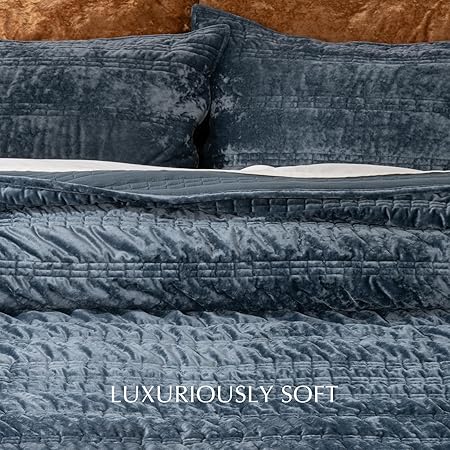 EVERGRACE Luxury Ruched Velvet Quilt King / Cal King Size, Ultra Soft Bedspread Coverlet Set, Lightweight Velvet Comforter, Quilted Bedding