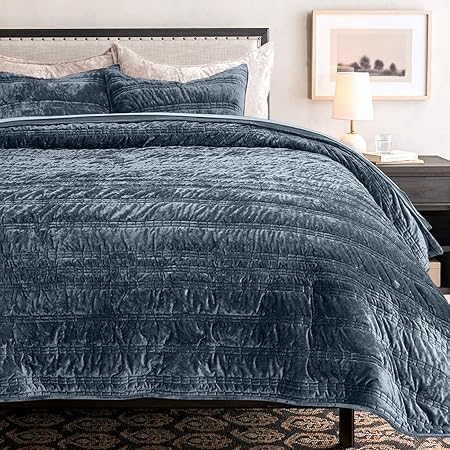 EVERGRACE Luxury Ruched Velvet Quilt King / Cal King Size, Ultra Soft Bedspread Coverlet Set, Lightweight Velvet Comforter, Quilted Bedding