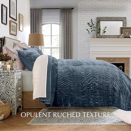 EVERGRACE Luxury Ruched Velvet Quilt King / Cal King Size, Ultra Soft Bedspread Coverlet Set, Lightweight Velvet Comforter, Quilted Bedding