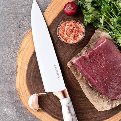 Kitchen Knife Set, Retrosohoo 9-Piece White Cracked Handle Knife Set for Kitchen, Ultra Sharp Non-stick Cooking Knife Set with Acrylic Stand Gift for Lover Family Friends (White)