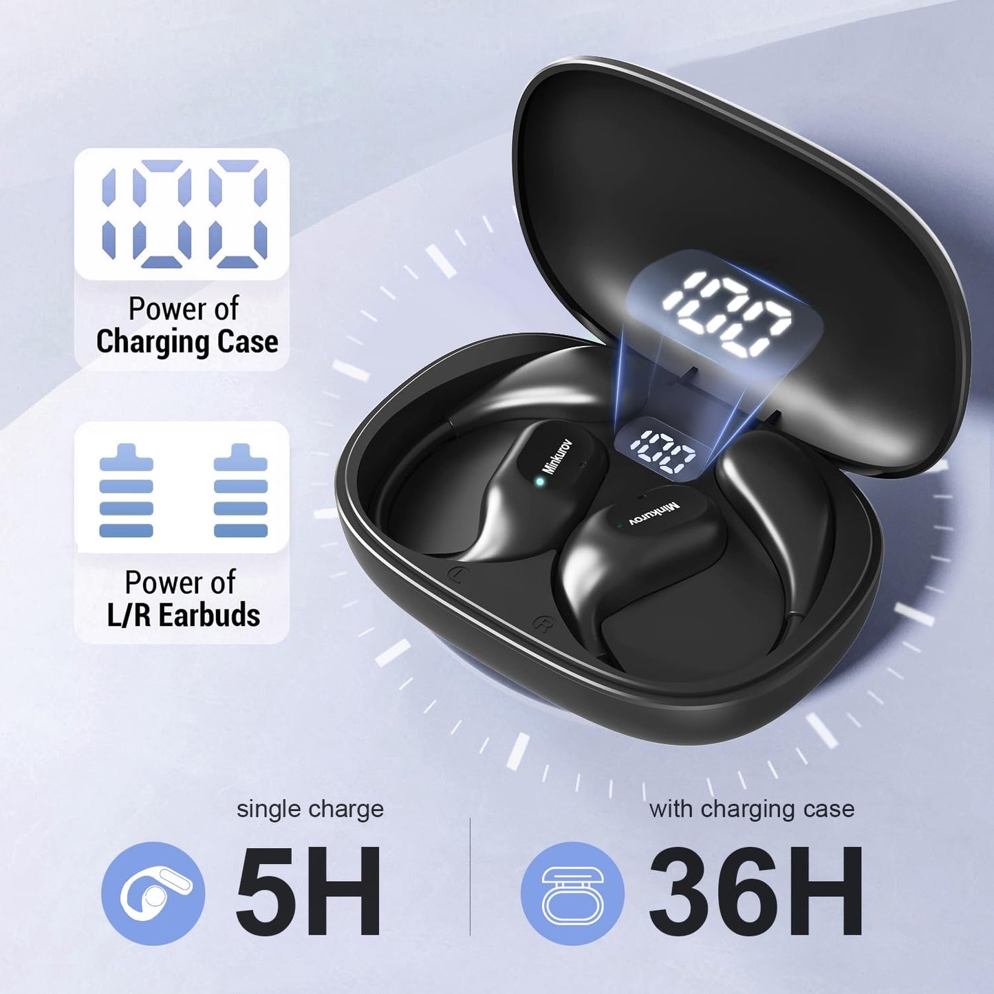 Open Ear Headphones,34 Hours Play Time, Bluetooth 5.3 Air Conduction Wireless Headphones with Smart Digital Display, IP54 Waterproof Sports Headphones(Black)