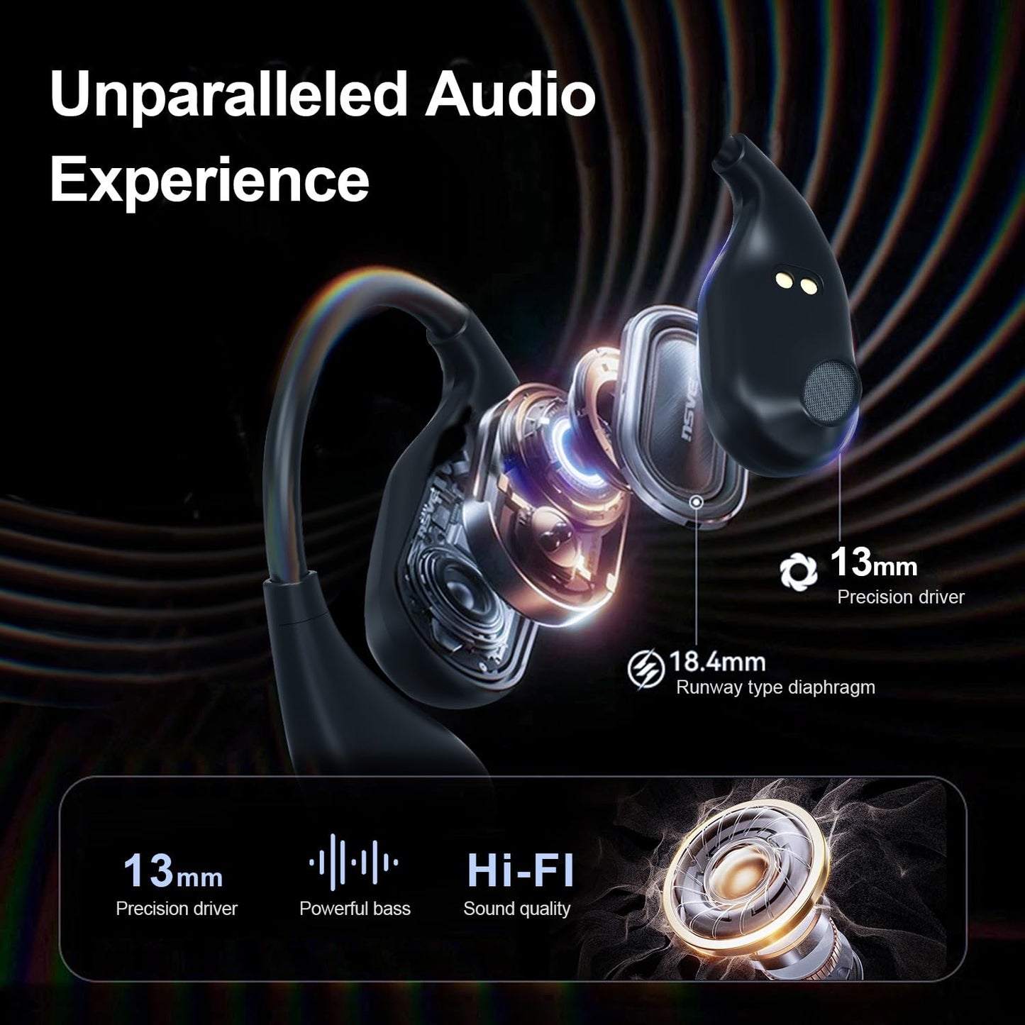 Open Ear Headphones,34 Hours Play Time, Bluetooth 5.3 Air Conduction Wireless Headphones with Smart Digital Display, IP54 Waterproof Sports Headphones(Black)