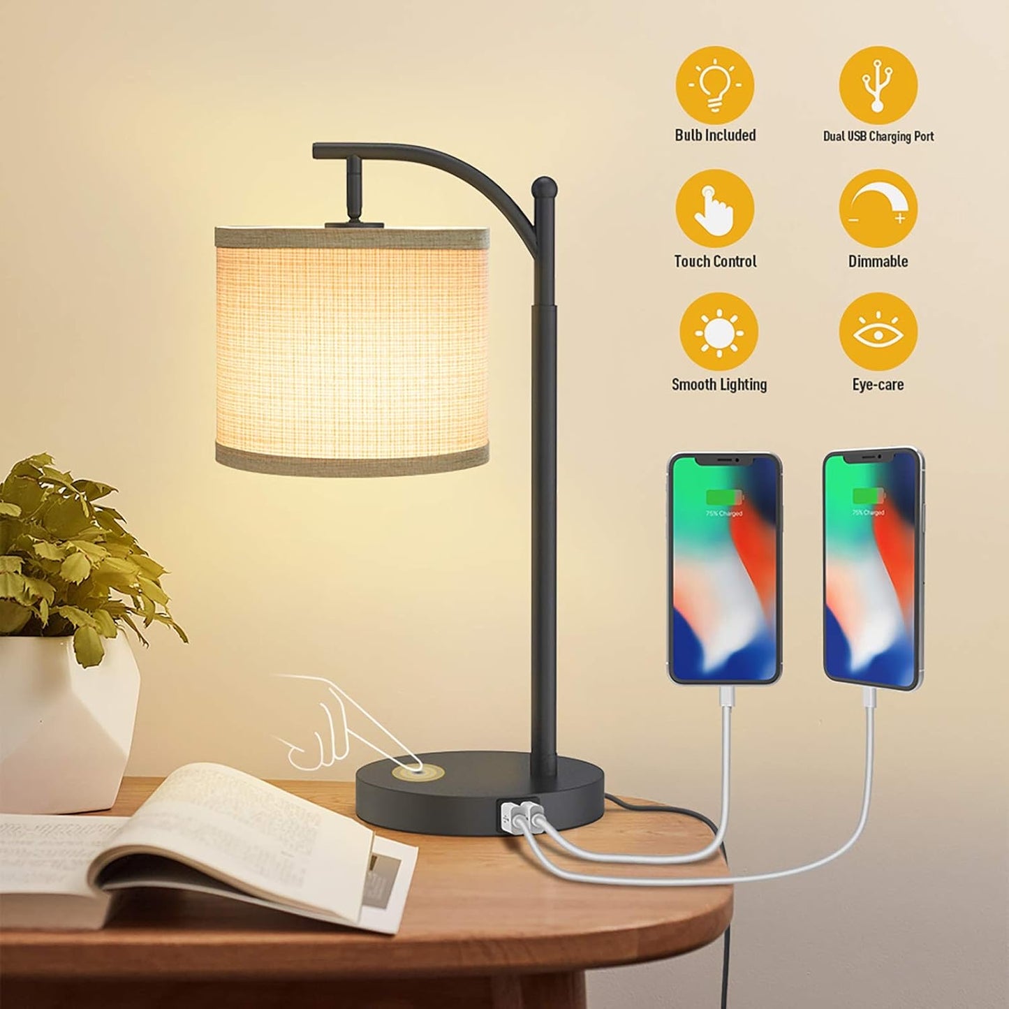 Touch Control Dimmable Table Lamp, 3 Level Brightness Bedside Table Lamp, Bedroom lamp with USB Port and 90 Degree Vertical 180 Degree Horizonal 330 Degree Rotation Flexible Head, 5W Bulb Included