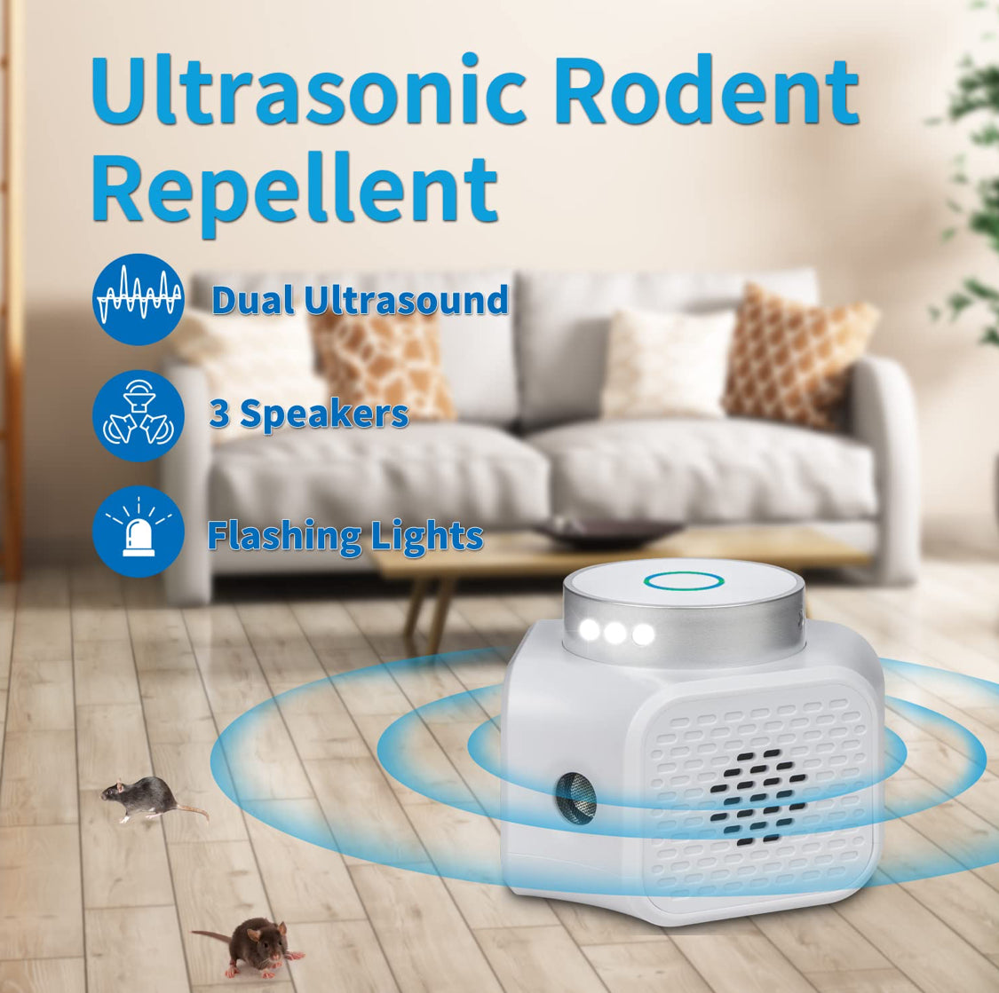 Ultrasonic Pest Repeller Squirrel Repellent, 4 in 1 Rodent Repellent Plug-in Mouse Deterrent Emits Ultrasound Waves and LED Strobe Lights Indoor Use