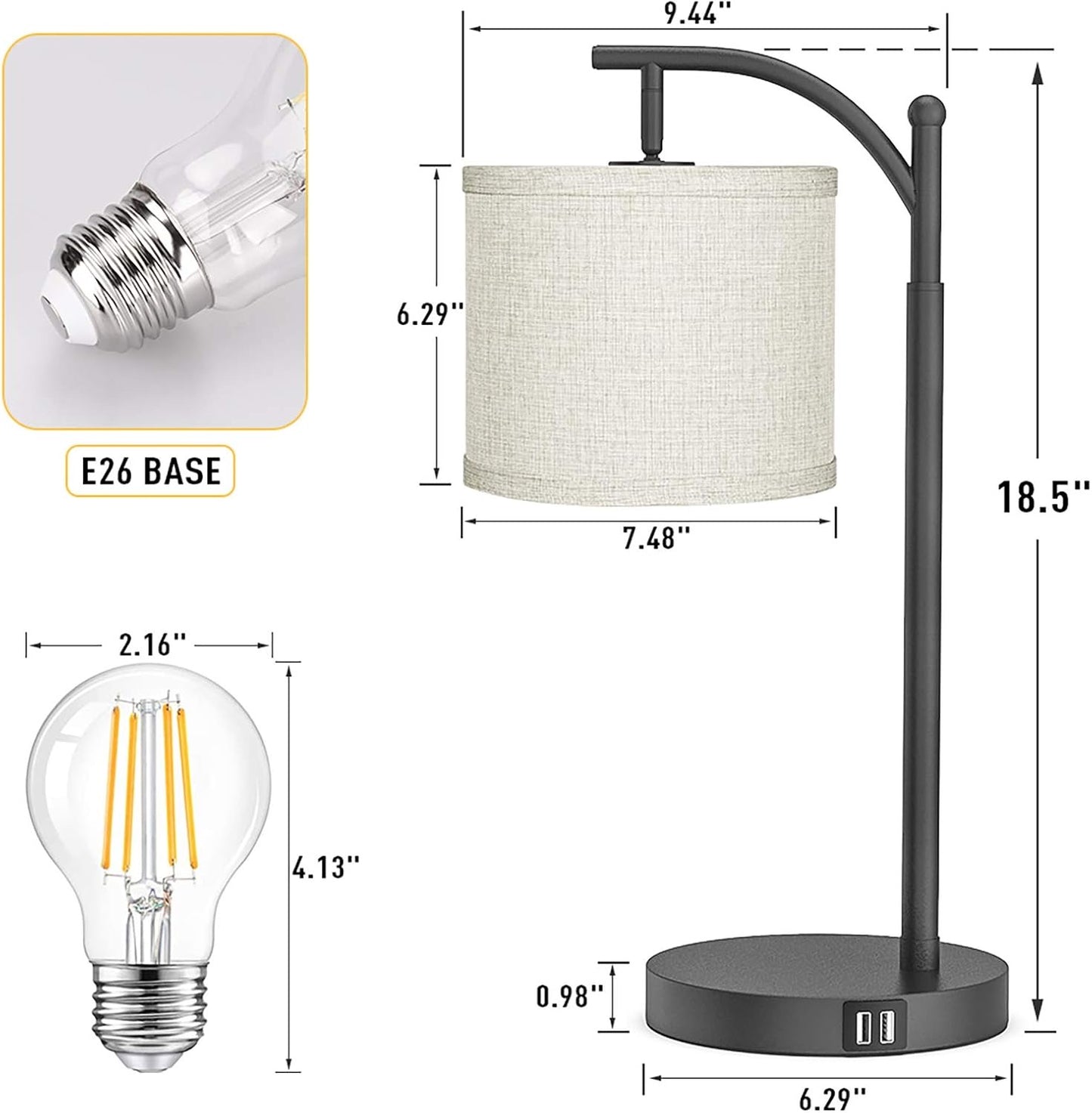 Touch Control Dimmable Table Lamp, 3 Level Brightness Bedside Table Lamp, Bedroom lamp with USB Port and 90 Degree Vertical 180 Degree Horizonal 330 Degree Rotation Flexible Head, 5W Bulb Included