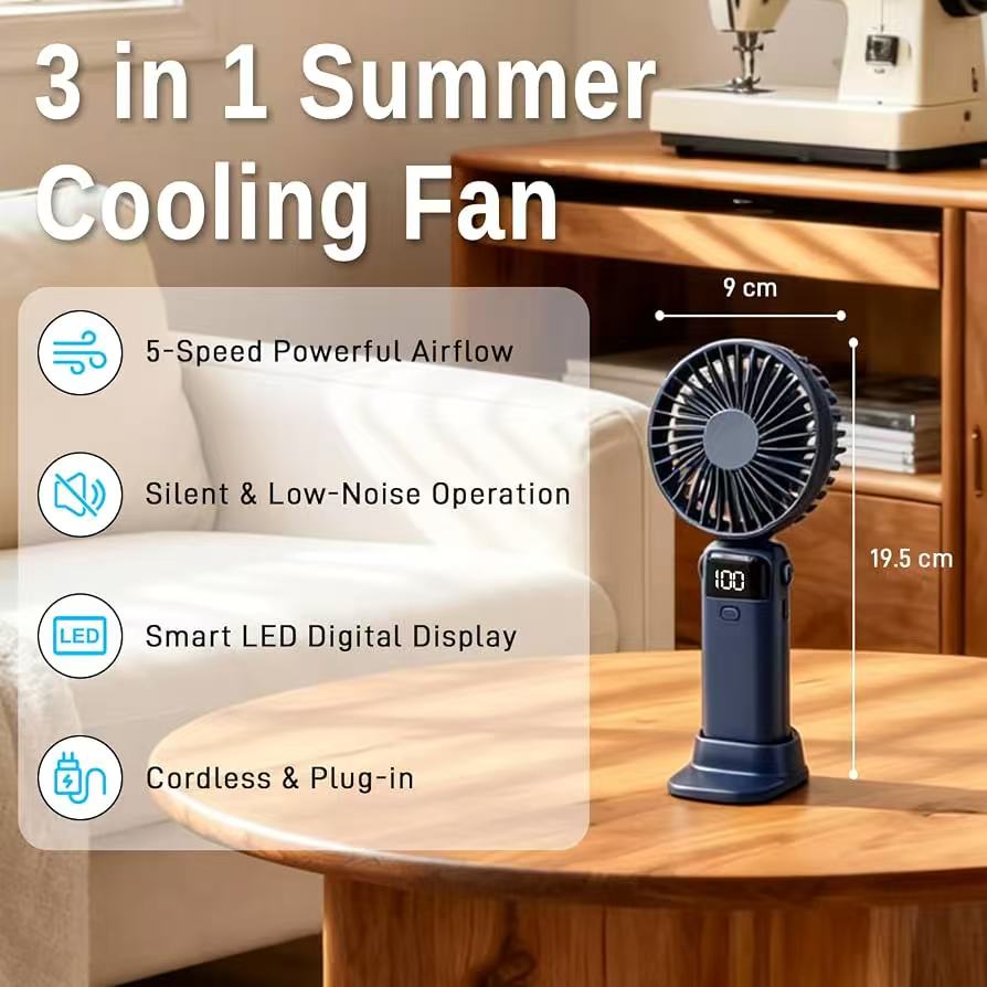 Digital Display, Makeup Fans for Women with Base, 180°Foldable 3in1 Handheld/Neck/Desk Fan for Outdoor Indoor