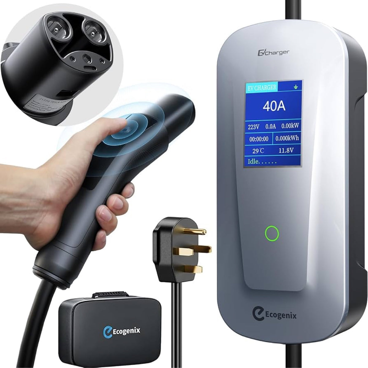Ecogenix Level 2 Tesla charger with NACS plug, NEMA 14-50 plug and carry case