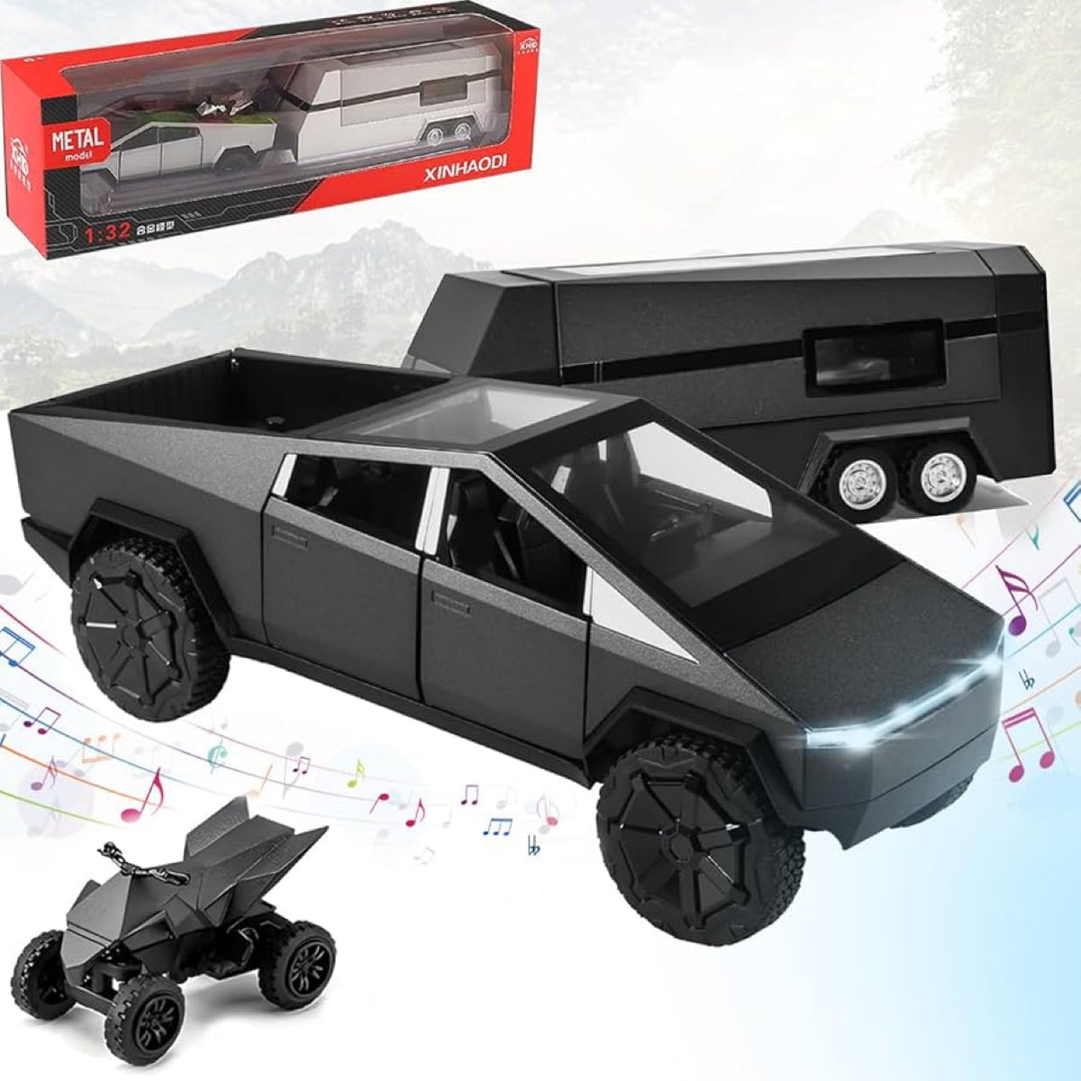 Diecast Pickup Truck with RV Trailer and Motorcycle 1:32 Metal Model Kit with Sound and Light - Black
