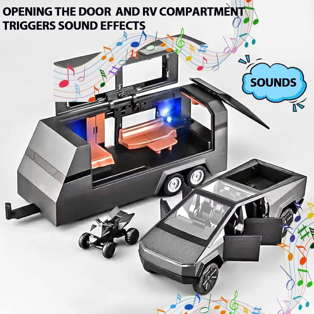 Diecast Pickup Truck with RV Trailer and Motorcycle 1:32 Metal Model Kit with Sound and Light - Black