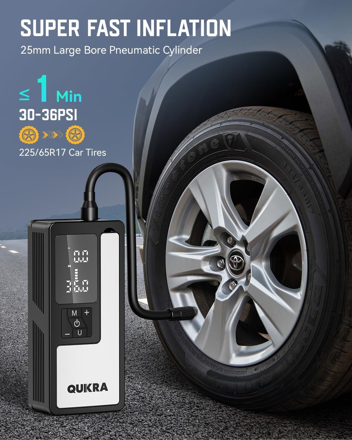 Tire Inflator Portable Air Compressor Cordless 150 PSI - Quikra P009