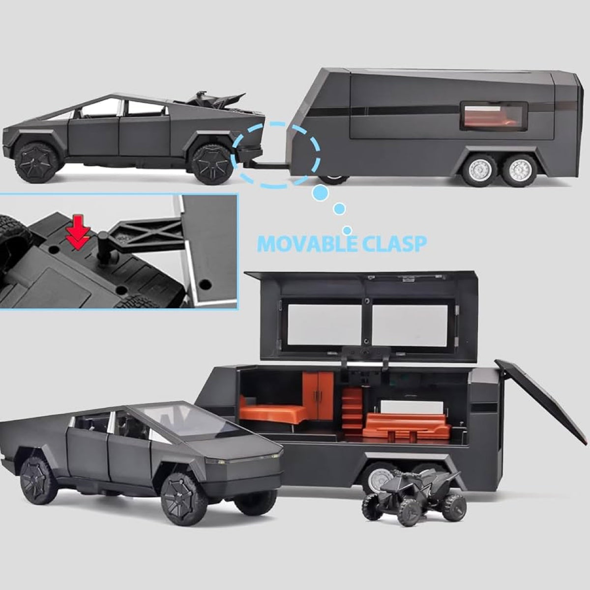 Diecast Pickup Truck with RV Trailer and Motorcycle 1:32 Metal Model Kit with Sound and Light - Black