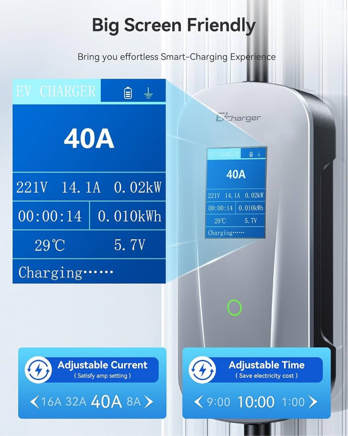 Big LCD screen with adjustable current 8A 16A 32A 40A and timer