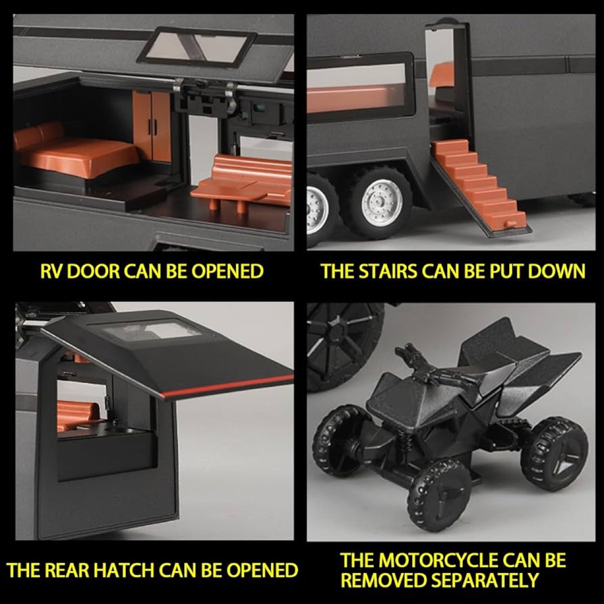 Diecast Pickup Truck with RV Trailer and Motorcycle 1:32 Metal Model Kit with Sound and Light - Black