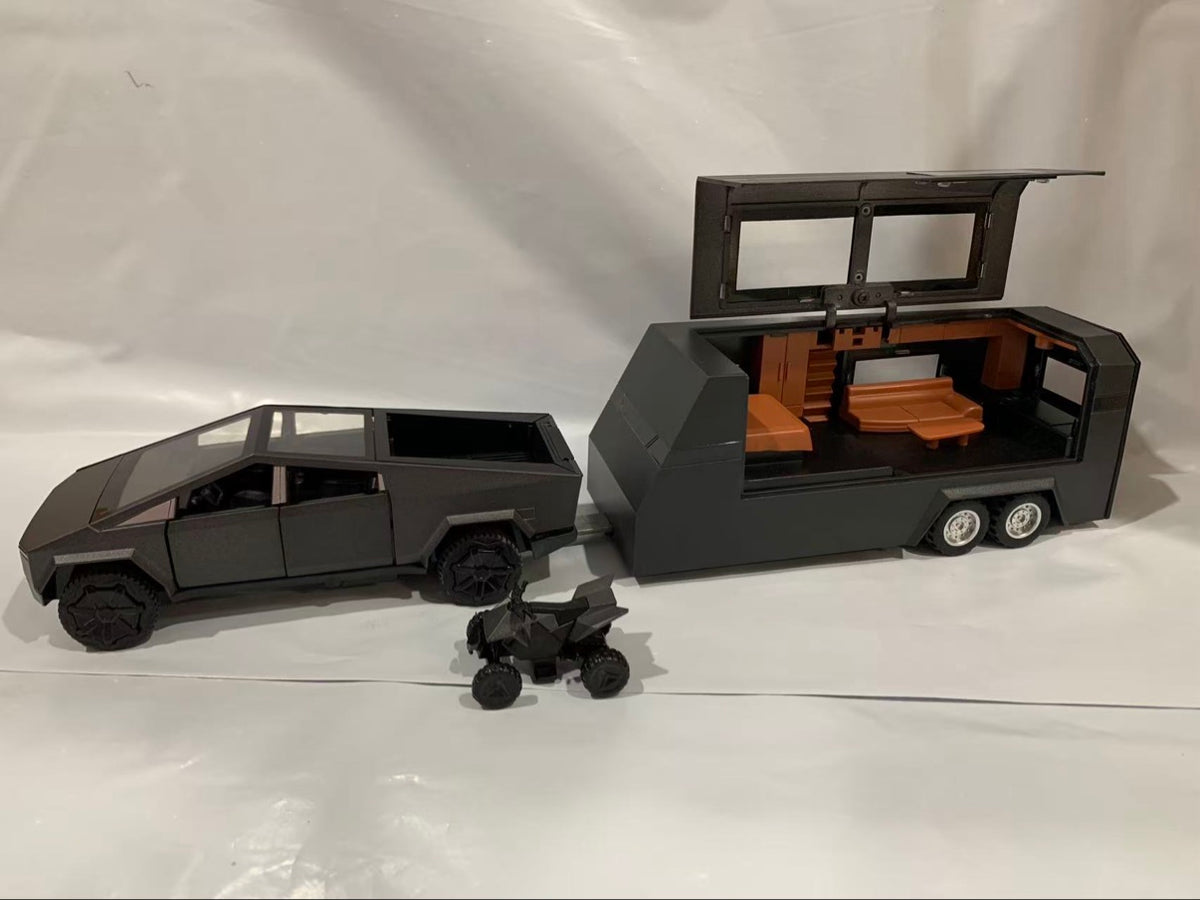 Diecast Pickup Truck with RV Trailer and Motorcycle 1:32 Metal Model Kit with Sound and Light - Black