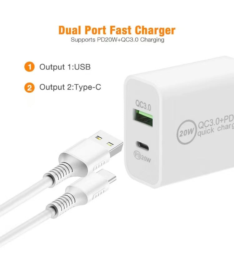20W Dual Port PD Fast USB C Wall Charger Adapter + USB A Quick Charging Brick Plug Compatible with iPhone Air/17/16/15/14/13/12/11/Pro Max/Plus/XS/XR/X,iPad,AirPods