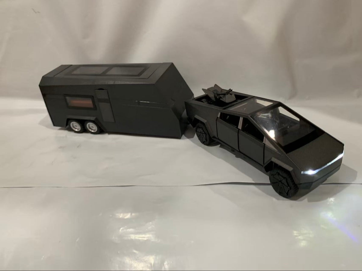 Diecast Pickup Truck with RV Trailer and Motorcycle 1:32 Metal Model Kit with Sound and Light - Black