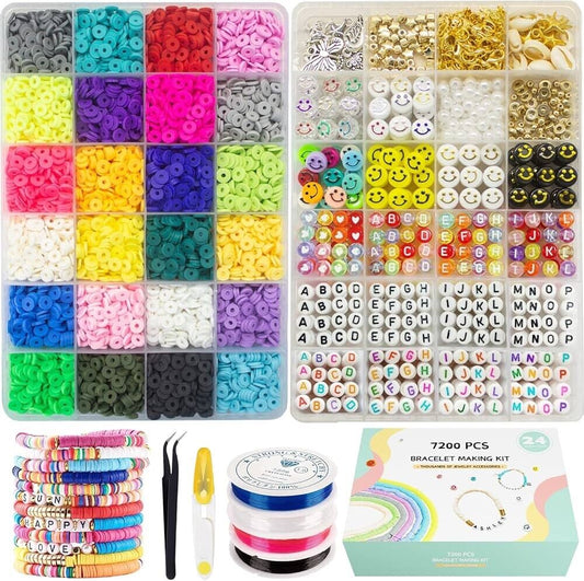 7200 Clay Beads Bracelet Making Kit,24 Colors Spacer Flat Beads for Jewelry Maki